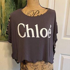 Chloe logo oversized fit crop top gray front, animal print back scallop hem L